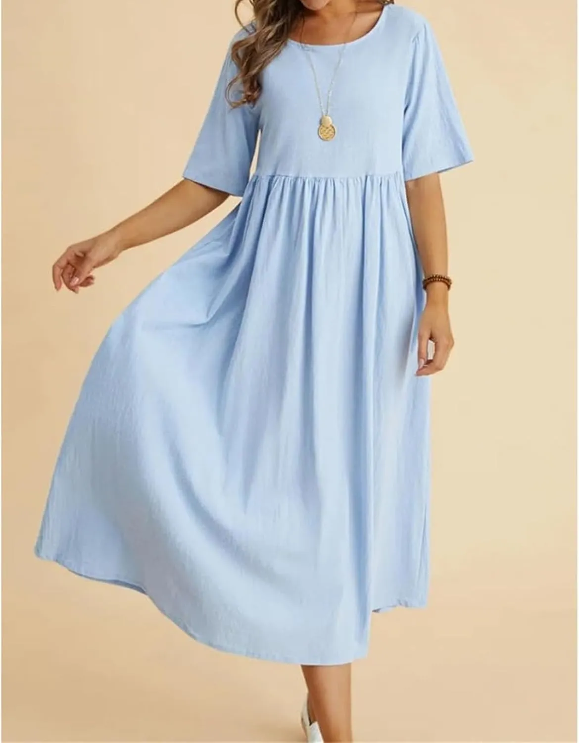 Women's Maxi Dresses Short Sleeve Long Casual Summer Cotton Linen Crewneck Loose Plus Size Basic Beach Midi Dresses