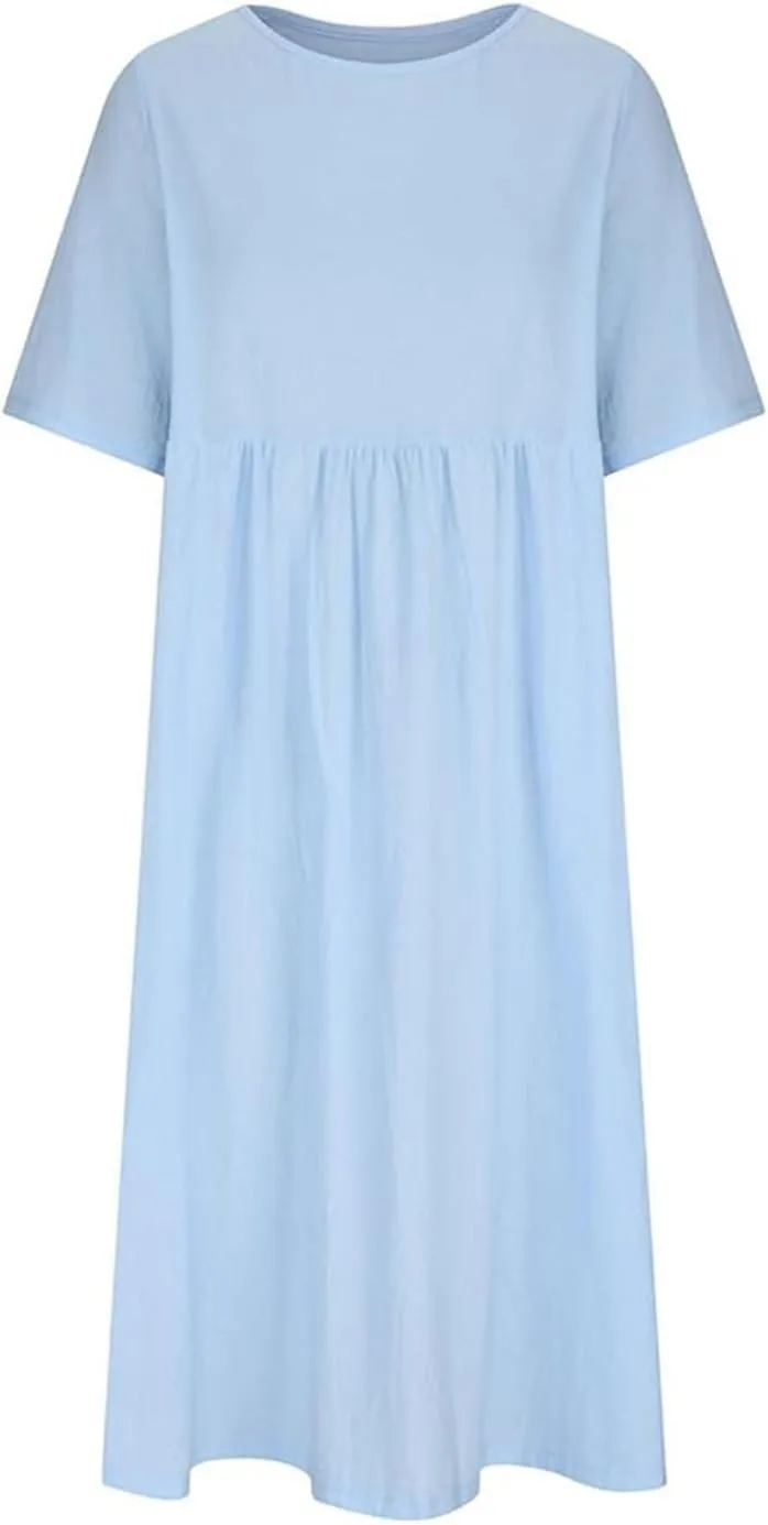 Women's Maxi Dresses Short Sleeve Long Casual Summer Cotton Linen Crewneck Loose Plus Size Basic Beach Midi Dresses