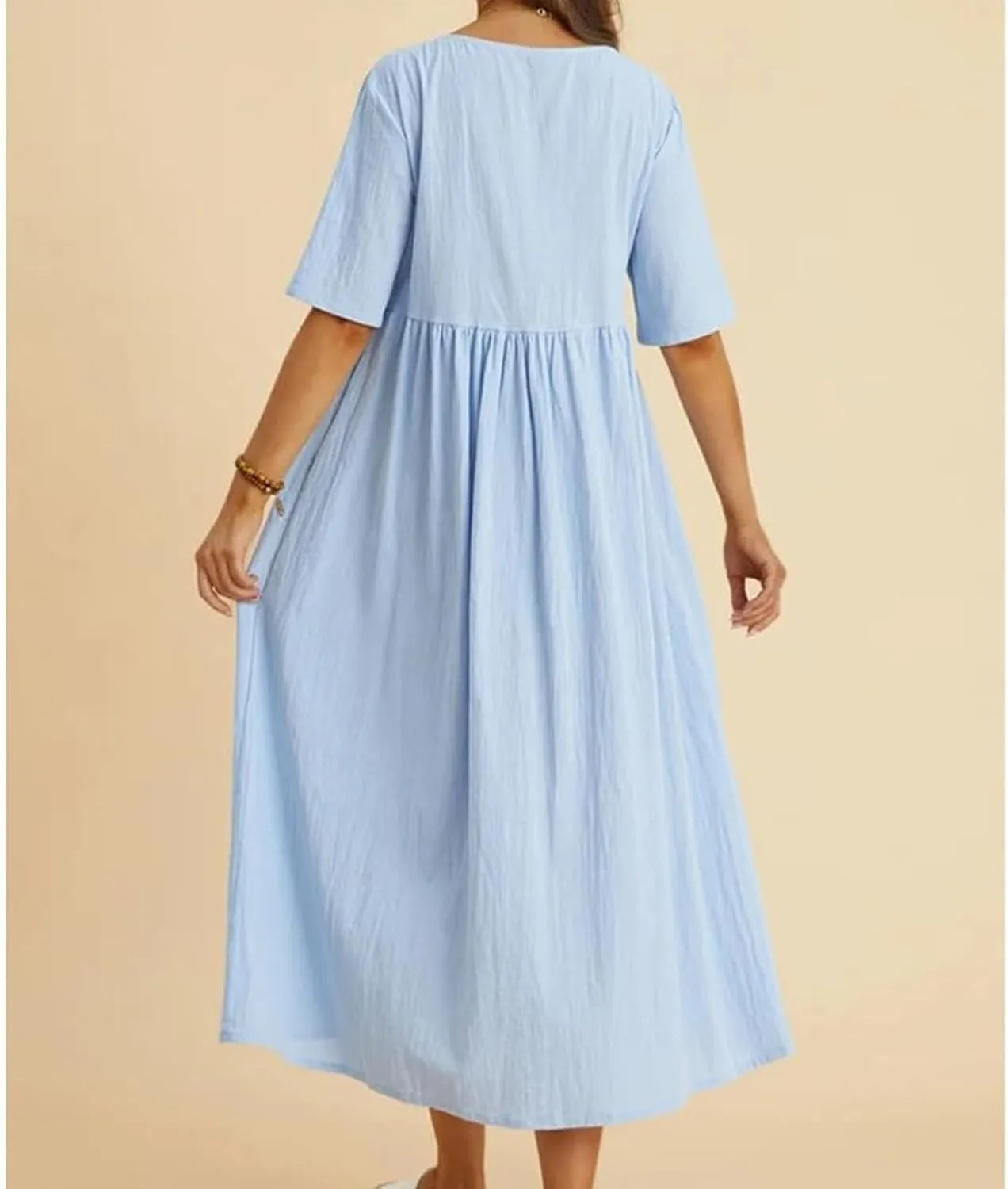 Women's Maxi Dresses Short Sleeve Long Casual Summer Cotton Linen Crewneck Loose Plus Size Basic Beach Midi Dresses