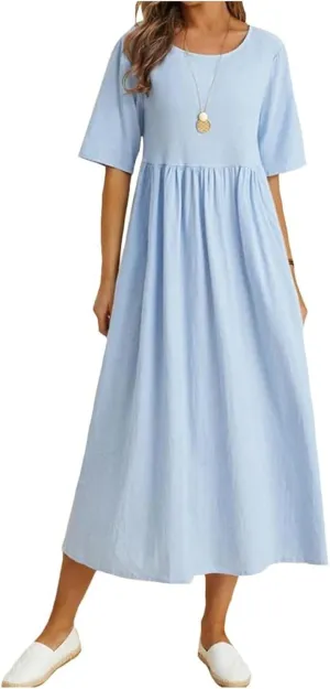 Women's Maxi Dresses Short Sleeve Long Casual Summer Cotton Linen Crewneck Loose Plus Size Basic Beach Midi Dresses