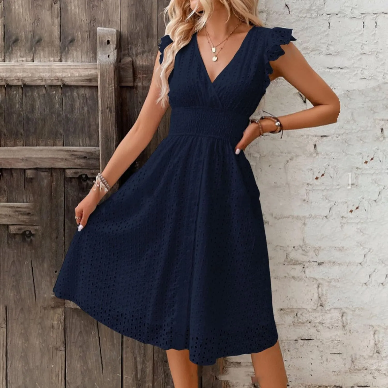 Women's MIDI Lace Cutout Slimming V Neck Plus Size Dress Basics T Shirt Dress
