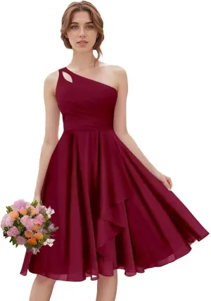 Women's One Shoulder Short Bridesmaid Dresses for Wedding 2024 Keyhole Ruffled Chiffon Prom Dresses