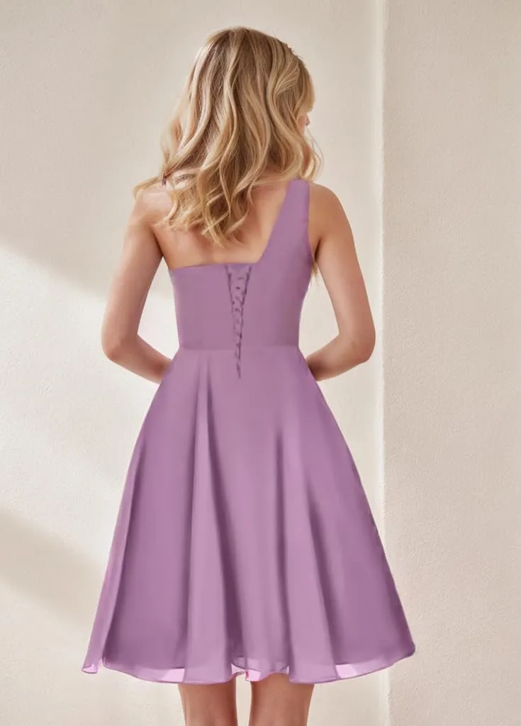 Women's One Shoulder Short Bridesmaid Dresses for Wedding 2024 Keyhole Ruffled Chiffon Prom Dresses