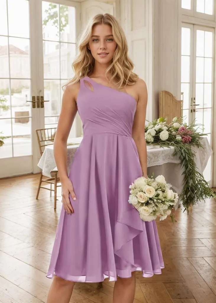 Women's One Shoulder Short Bridesmaid Dresses for Wedding 2024 Keyhole Ruffled Chiffon Prom Dresses