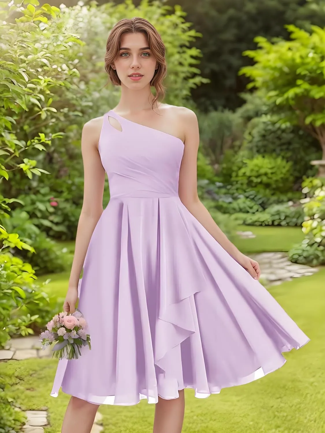 Women's One Shoulder Short Bridesmaid Dresses for Wedding 2024 Keyhole Ruffled Chiffon Prom Dresses