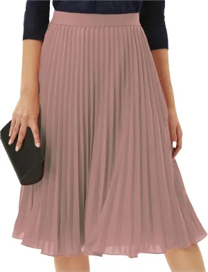 Womens Pleated Midi Skirt High Elastic Waist Chiffon Skirt Knee Length Swing A-Line Casual Flowy Skirts