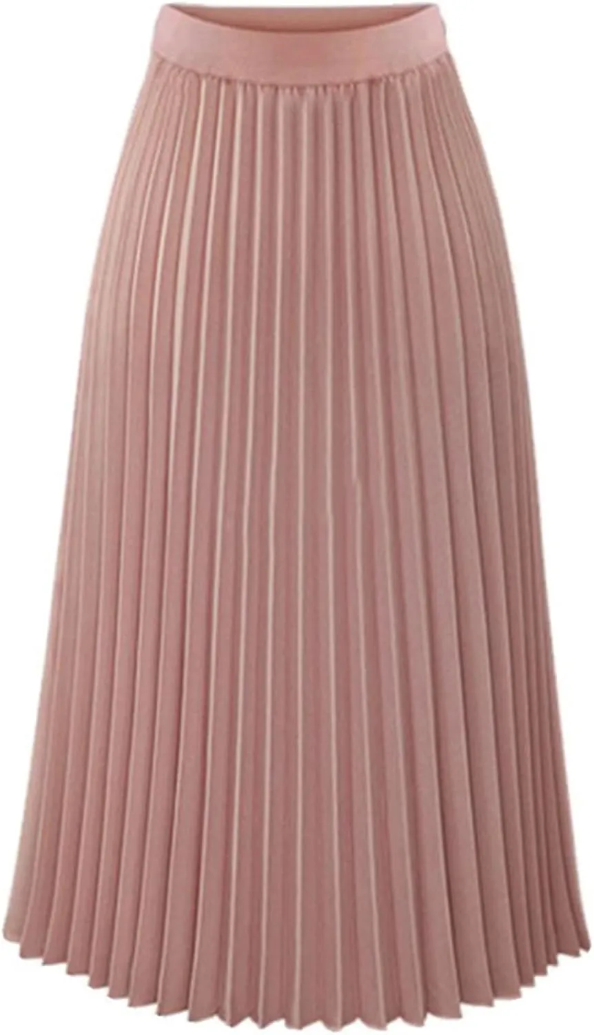 Womens Pleated Midi Skirt High Elastic Waist Chiffon Skirt Knee Length Swing A-Line Casual Flowy Skirts