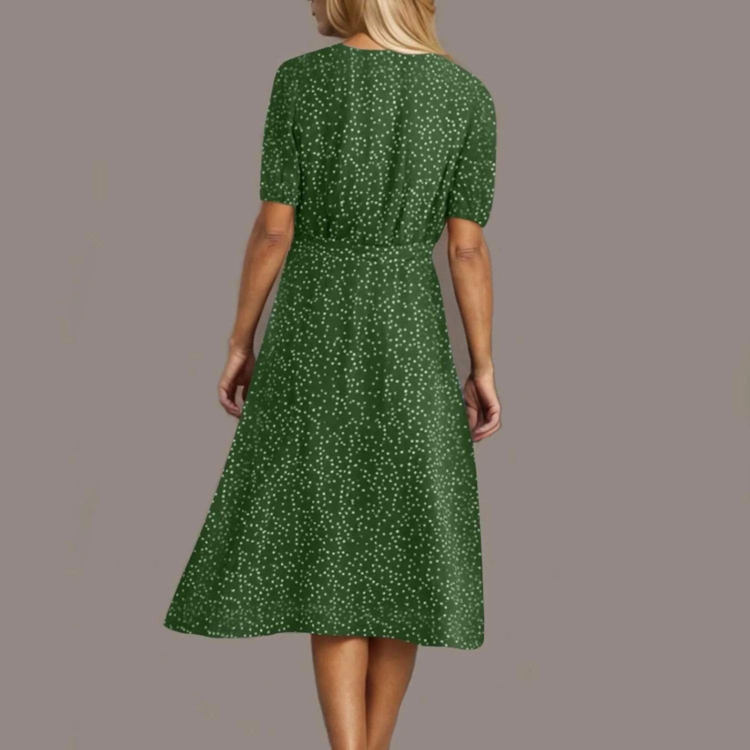 Womens Plus Size Casual Midi Boho Summer Dresses with Short Sleeves and Belt V-Neck Polka Dot Beach Vacation Sundress