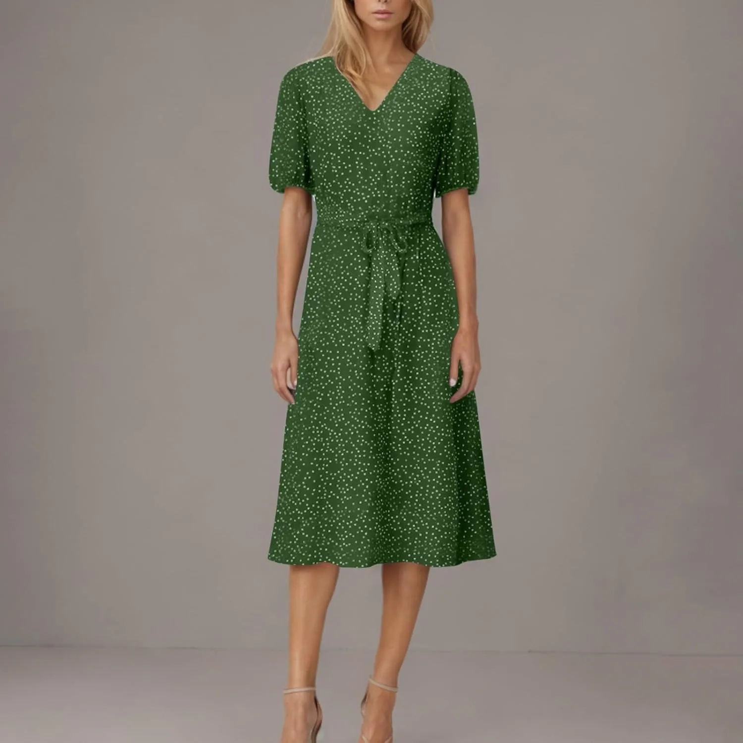Womens Plus Size Casual Midi Boho Summer Dresses with Short Sleeves and Belt V-Neck Polka Dot Beach Vacation Sundress