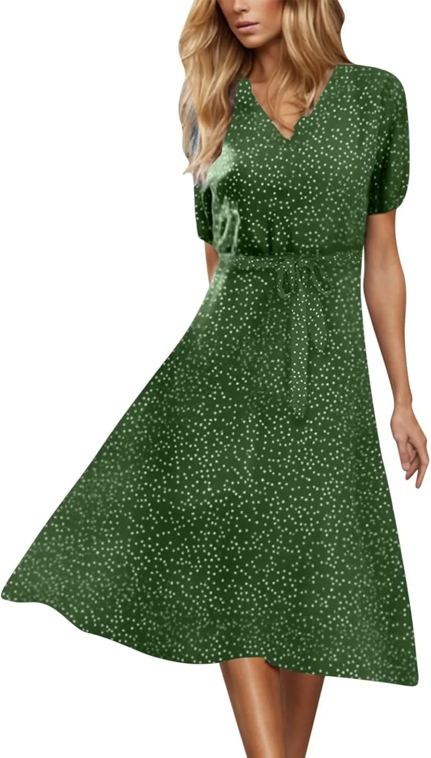 Womens Plus Size Casual Midi Boho Summer Dresses with Short Sleeves and Belt V-Neck Polka Dot Beach Vacation Sundress