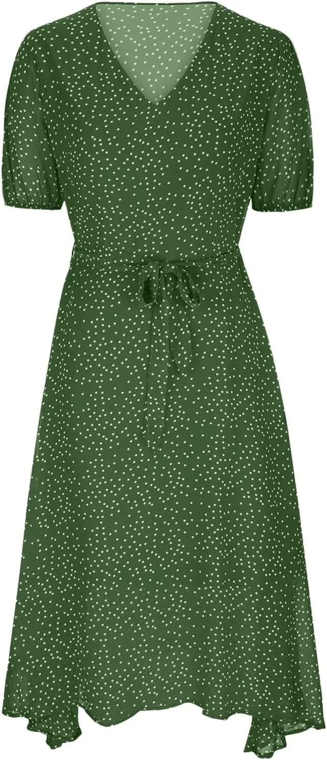 Womens Plus Size Casual Midi Boho Summer Dresses with Short Sleeves and Belt V-Neck Polka Dot Beach Vacation Sundress