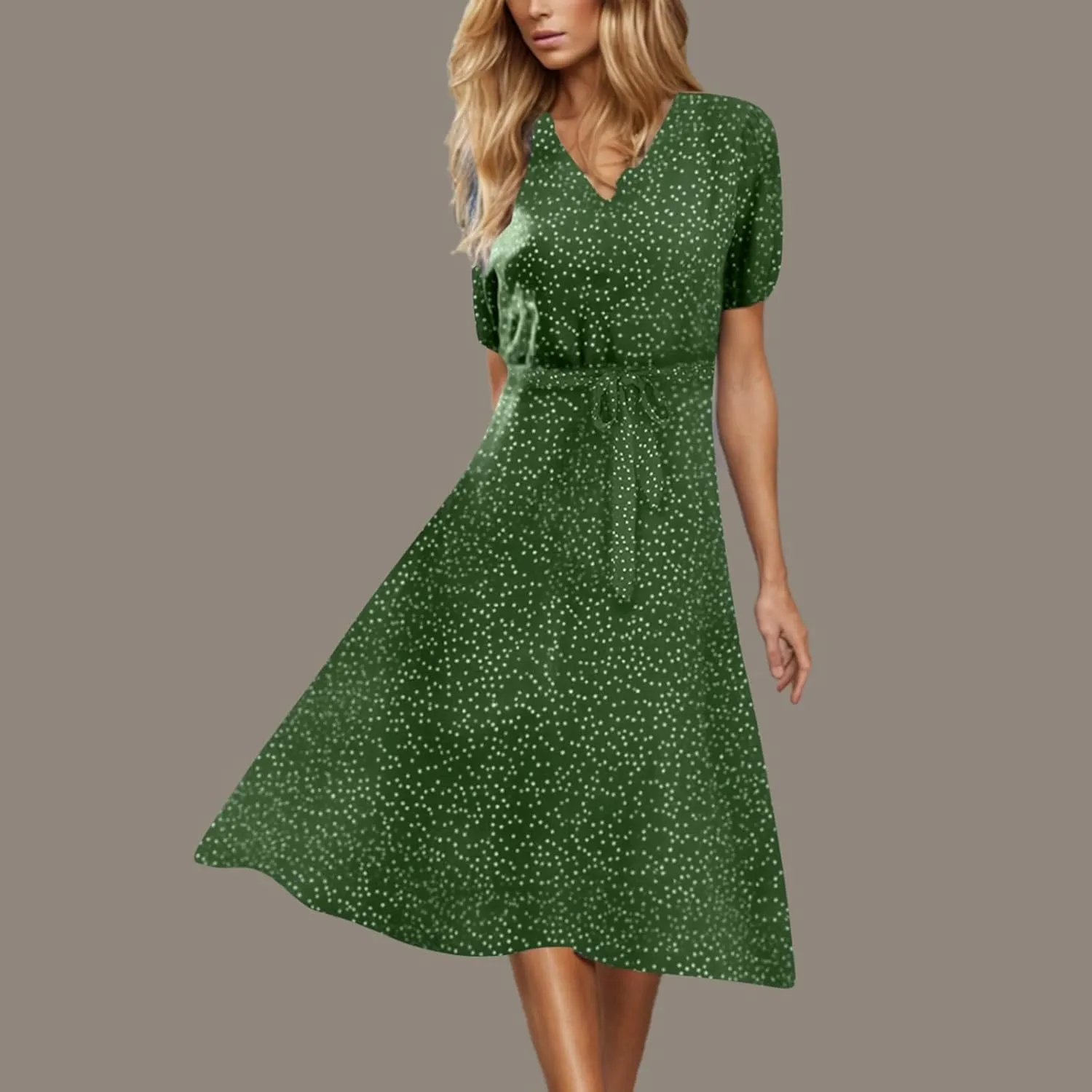 Womens Plus Size Casual Midi Boho Summer Dresses with Short Sleeves and Belt V-Neck Polka Dot Beach Vacation Sundress