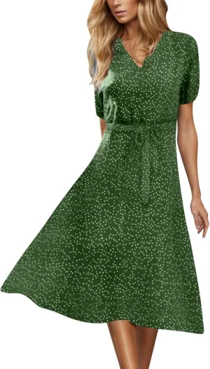 Womens Plus Size Casual Midi Boho Summer Dresses with Short Sleeves and Belt V-Neck Polka Dot Beach Vacation Sundress