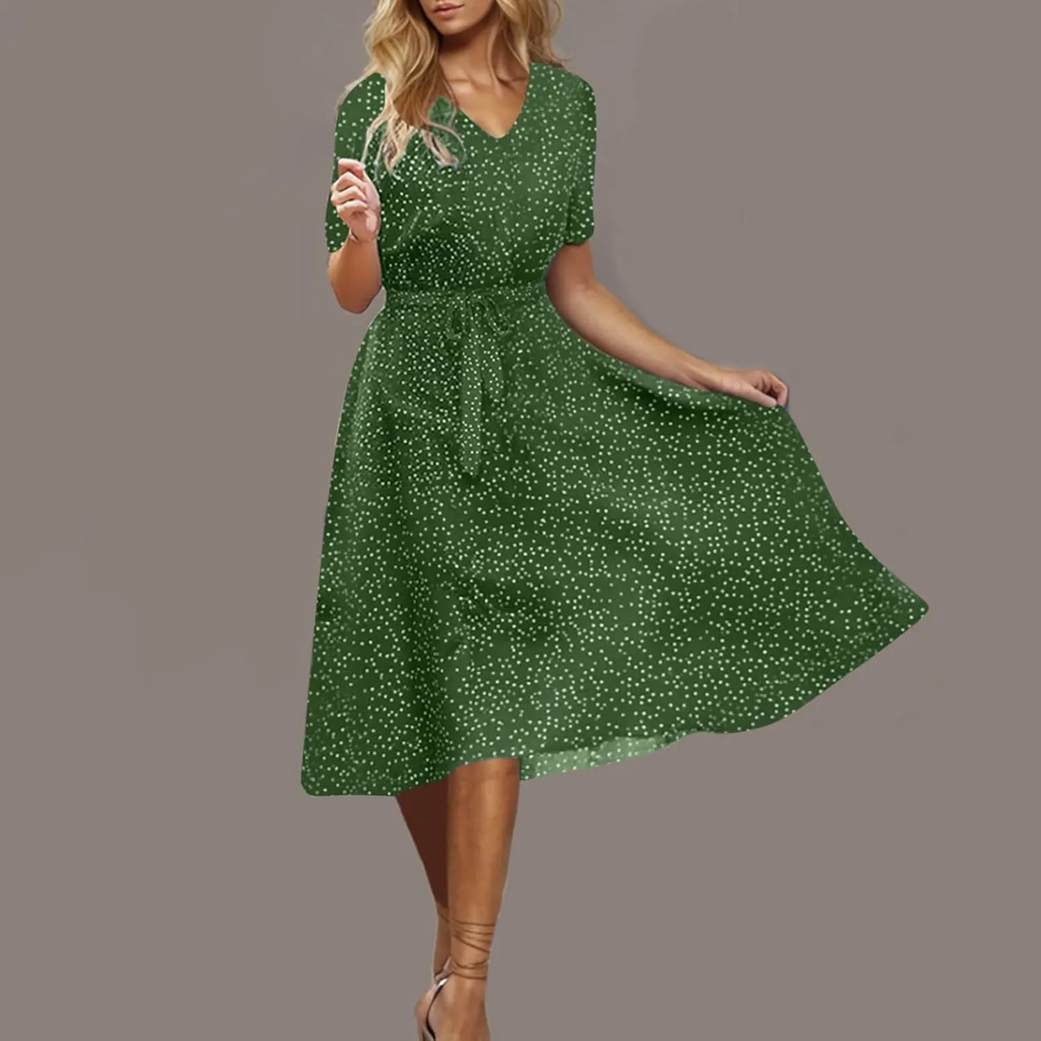 Womens Plus Size Casual Midi Boho Summer Dresses with Short Sleeves and Belt V-Neck Polka Dot Beach Vacation Sundress