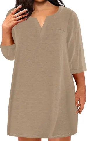 Women's Plus Size Outfits for Curvy Short Sleeve Summer Striped Print Tshirt Dresses Tunic with Pockets, L-5XL