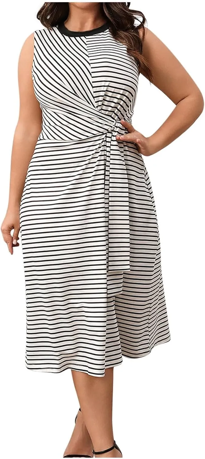 Women's Plus Size Striped Sleeveless Printing Casual T Shirt Dress Crew Neck Trendy Vacation Daily Midi Dresses