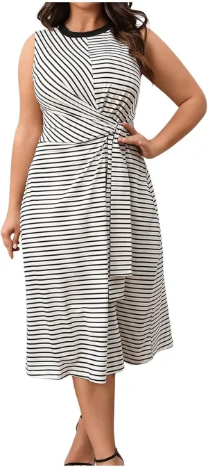 Women's Plus Size Striped Sleeveless Printing Casual T Shirt Dress Crew Neck Trendy Vacation Daily Midi Dresses