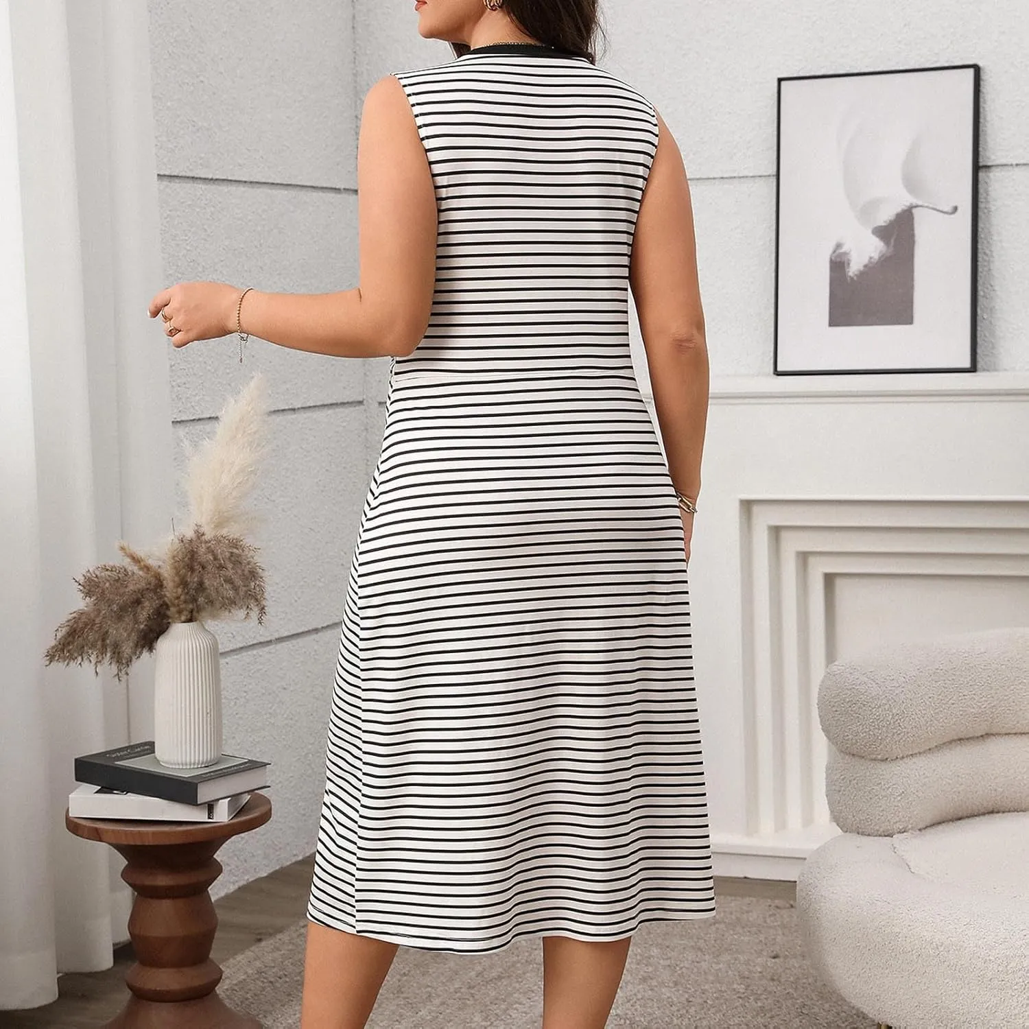 Women's Plus Size Striped Sleeveless Printing Casual T Shirt Dress Crew Neck Trendy Vacation Daily Midi Dresses