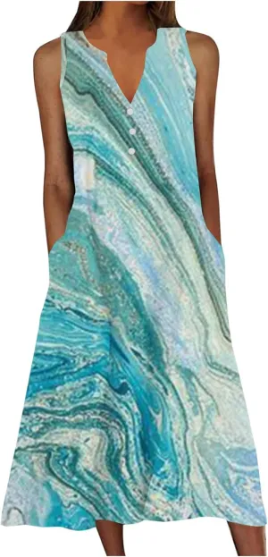Women's Plus Size Summer Casual Dress Sleeveless Button Up V-Neck Maxi Dress Vintage Flowy Elegant Long Dresses