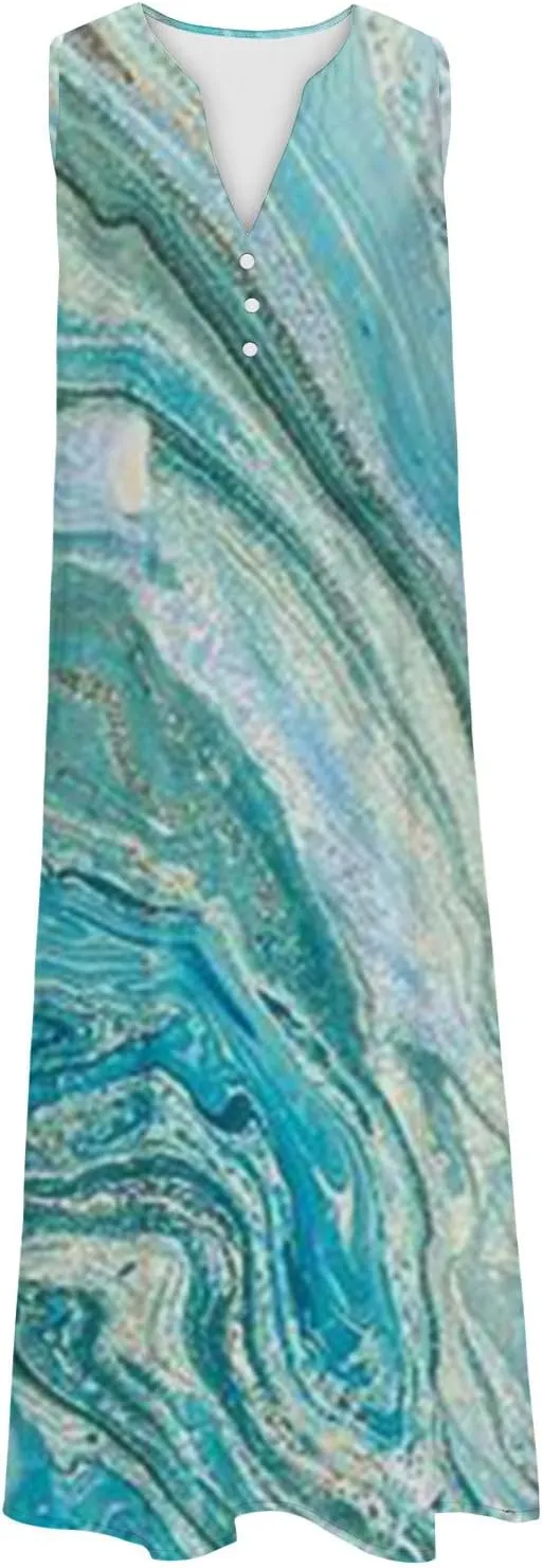 Women's Plus Size Summer Casual Dress Sleeveless Button Up V-Neck Maxi Dress Vintage Flowy Elegant Long Dresses