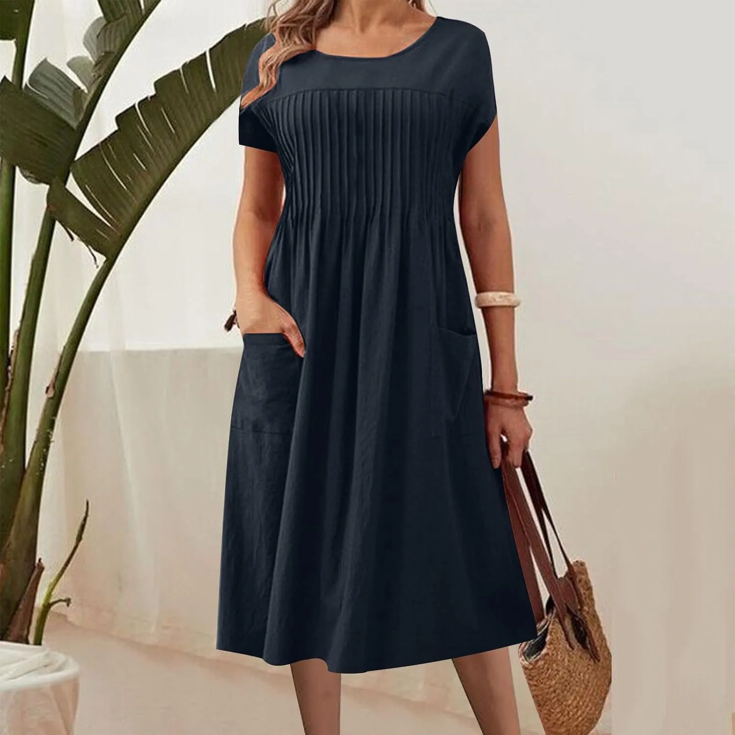 Women's Plus Size Summer Cotton Linen Short Sleeve Pleated Midi Dress Crewneck Casual Flowy Beach Dress with Pockets