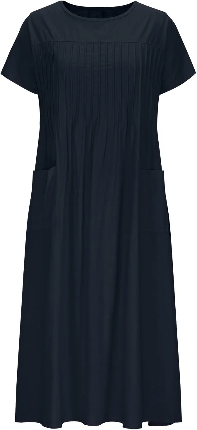 Women's Plus Size Summer Cotton Linen Short Sleeve Pleated Midi Dress Crewneck Casual Flowy Beach Dress with Pockets