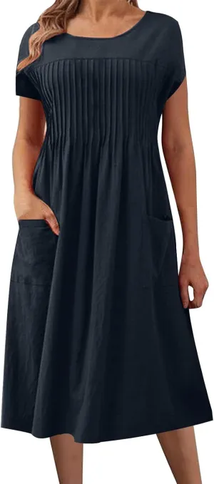 Women's Plus Size Summer Cotton Linen Short Sleeve Pleated Midi Dress Crewneck Casual Flowy Beach Dress with Pockets