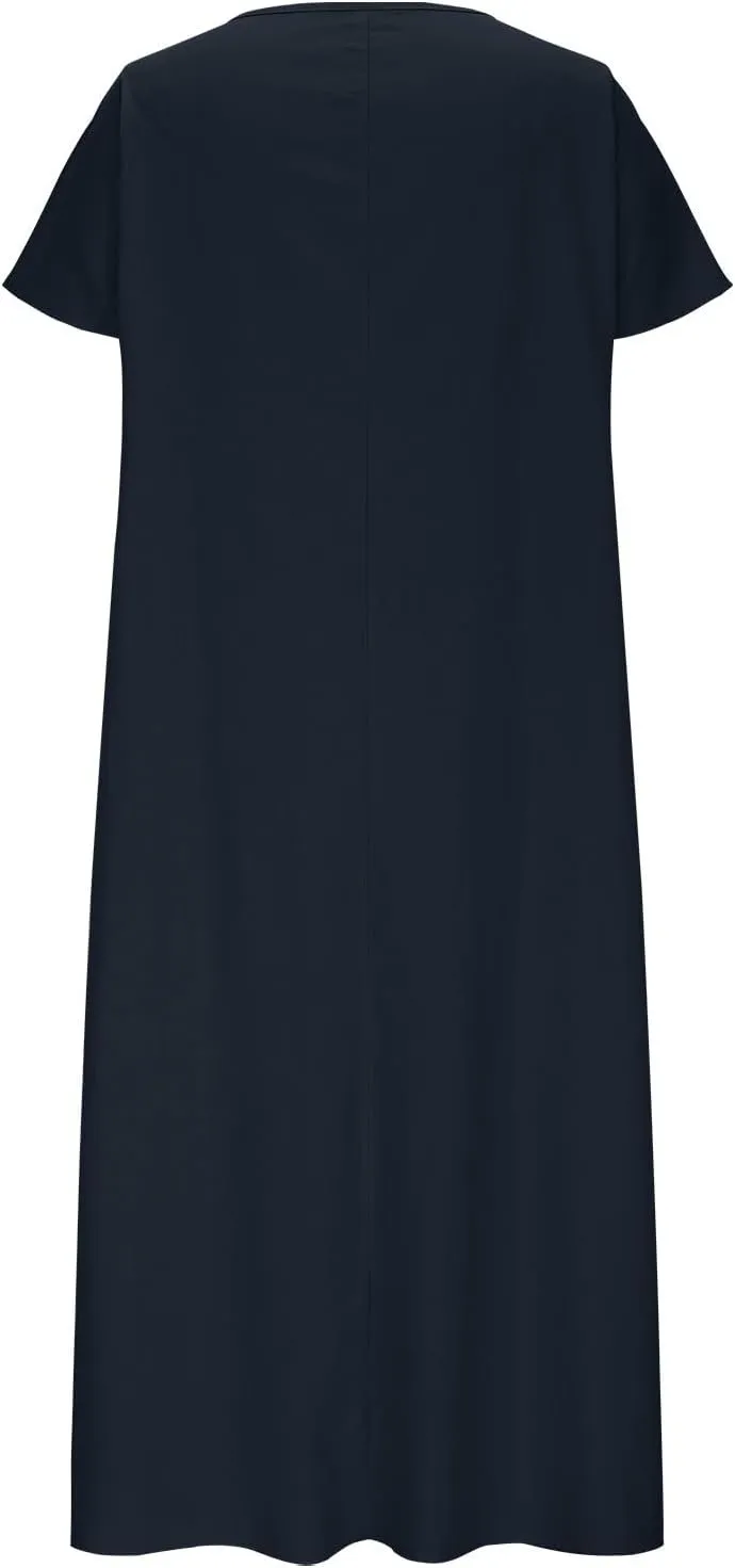 Women's Plus Size Summer Cotton Linen Short Sleeve Pleated Midi Dress Crewneck Casual Flowy Beach Dress with Pockets