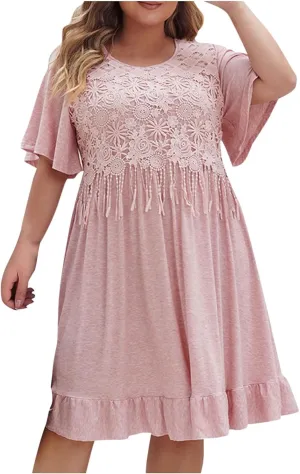 Women's Plus Size Summer Dresses Casual Short Sleeve Scoop Neck Beach Dress Ruffle Hem Loose Midi Babydoll Dress
