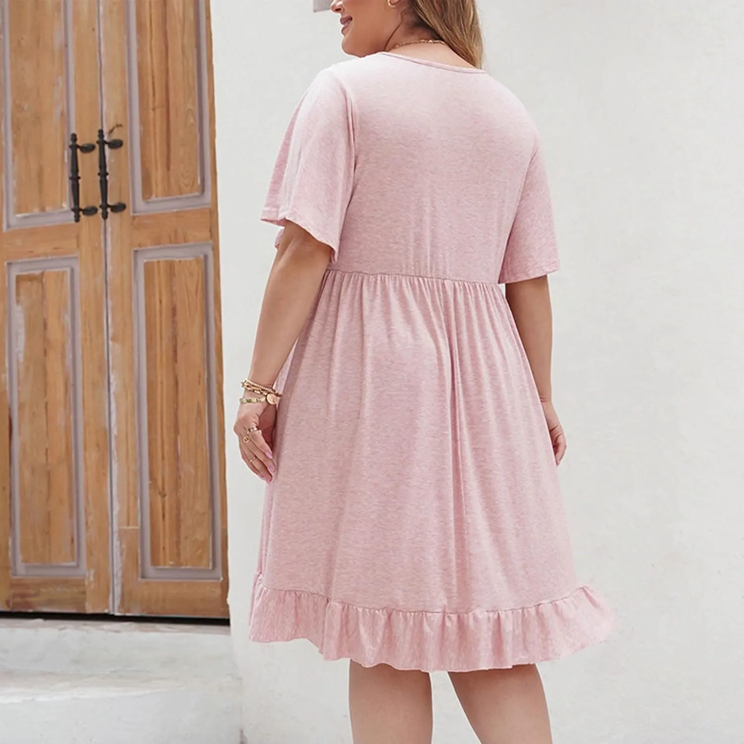 Women's Plus Size Summer Dresses Casual Short Sleeve Scoop Neck Beach Dress Ruffle Hem Loose Midi Babydoll Dress