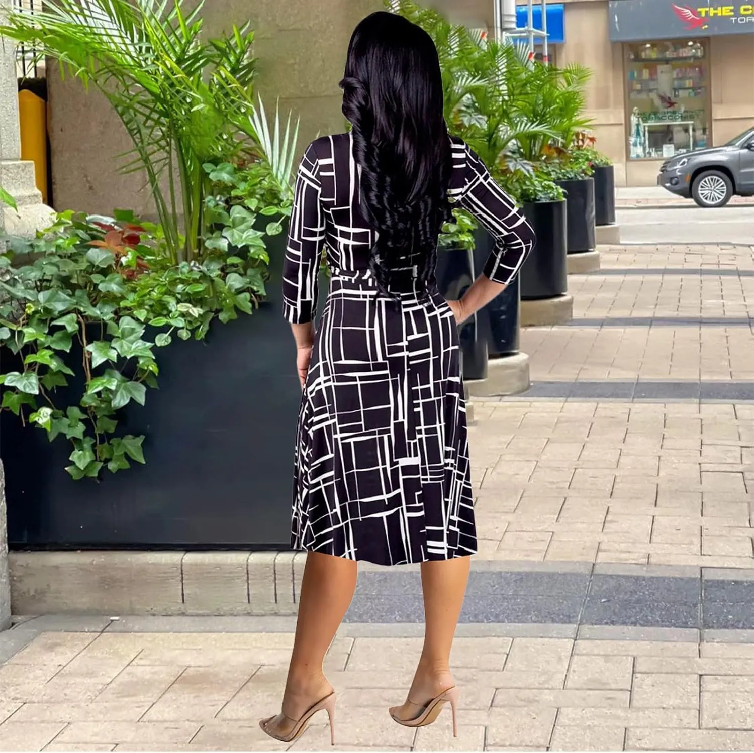 Womens Plus Size Summer Dresses Sexy V Neck Midi Dress Faux Wrap Dress 3/4 Sleeve Boho Casual Floral A-Line Skirts