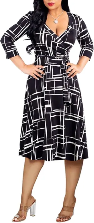 Womens Plus Size Summer Dresses Sexy V Neck Midi Dress Faux Wrap Dress 3/4 Sleeve Boho Casual Floral A-Line Skirts