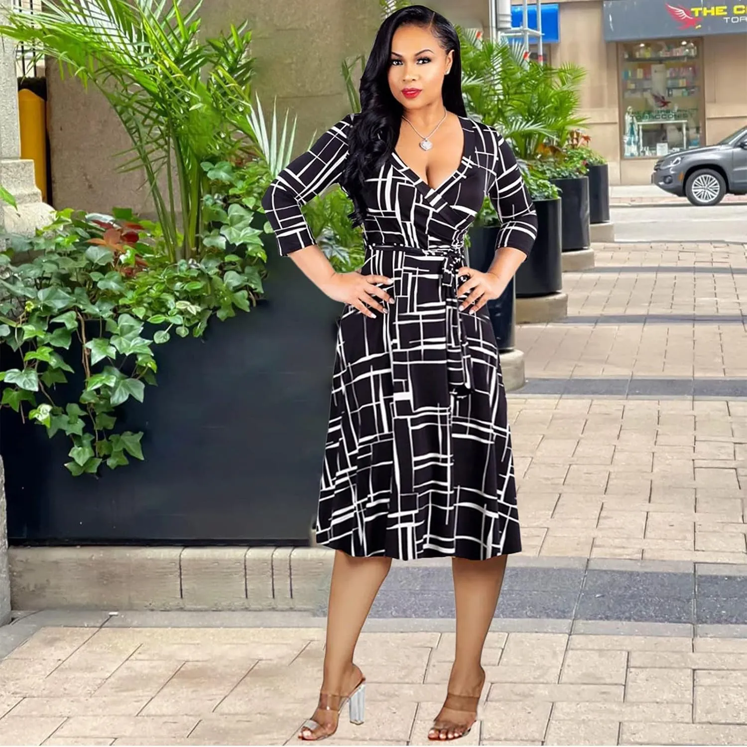 Womens Plus Size Summer Dresses Sexy V Neck Midi Dress Faux Wrap Dress 3/4 Sleeve Boho Casual Floral A-Line Skirts