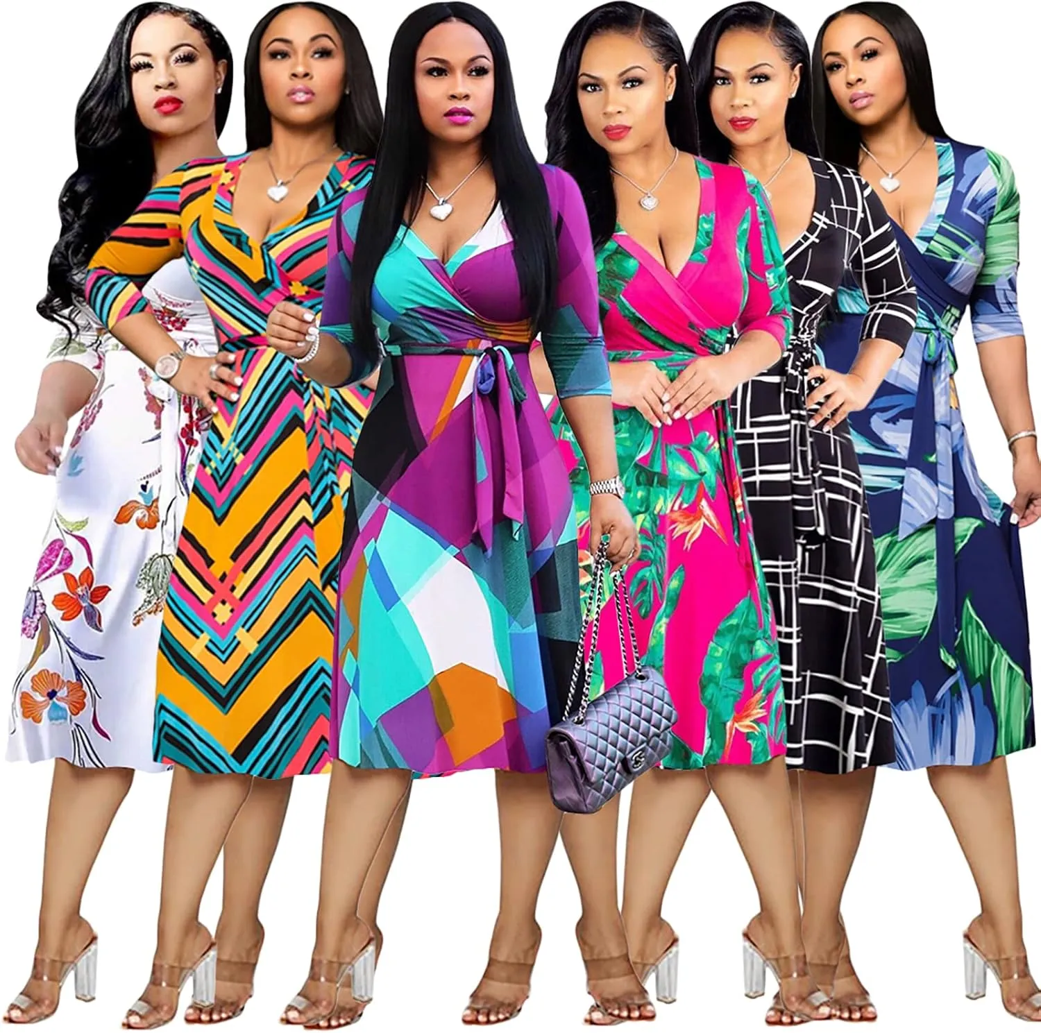 Womens Plus Size Summer Dresses Sexy V Neck Midi Dress Faux Wrap Dress 3/4 Sleeve Boho Casual Floral A-Line Skirts