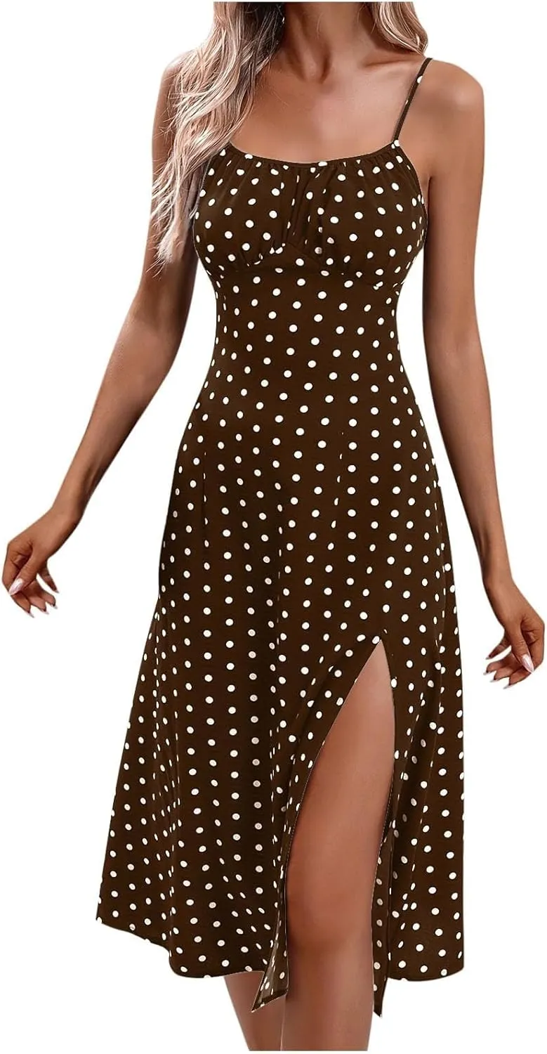Womens Polka Dot Midi Dresses 2025 Spaghetti Strap Summer Dress with Side Slit Beach Vacation Wedding Guest Dress