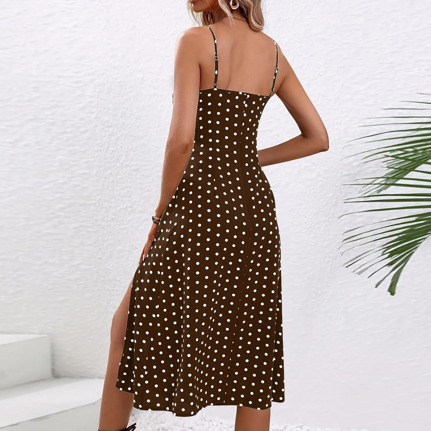 Womens Polka Dot Midi Dresses 2025 Spaghetti Strap Summer Dress with Side Slit Beach Vacation Wedding Guest Dress