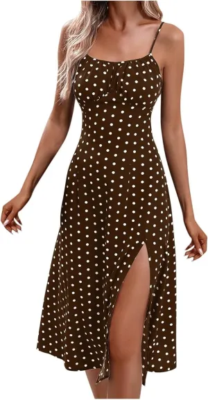 Womens Polka Dot Midi Dresses 2025 Spaghetti Strap Summer Dress with Side Slit Beach Vacation Wedding Guest Dress