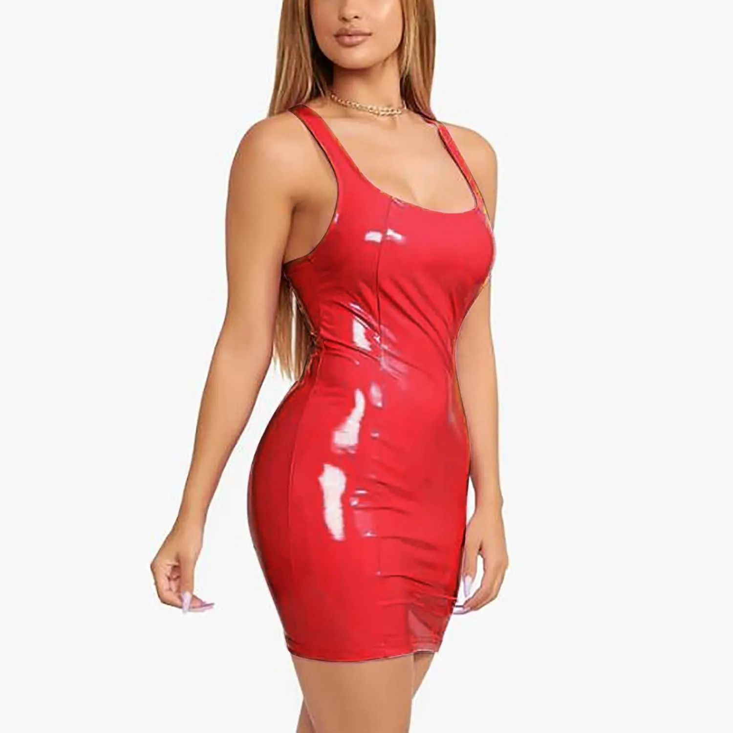 Womens Ribbed Scoop Neck Sleeveless Tank Dresses Basic Bodycon Mini Dress Leather Skirt Tight Dresses Party Club Sexy Dresses