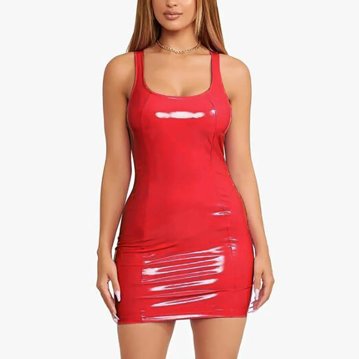 Womens Ribbed Scoop Neck Sleeveless Tank Dresses Basic Bodycon Mini Dress Leather Skirt Tight Dresses Party Club Sexy Dresses