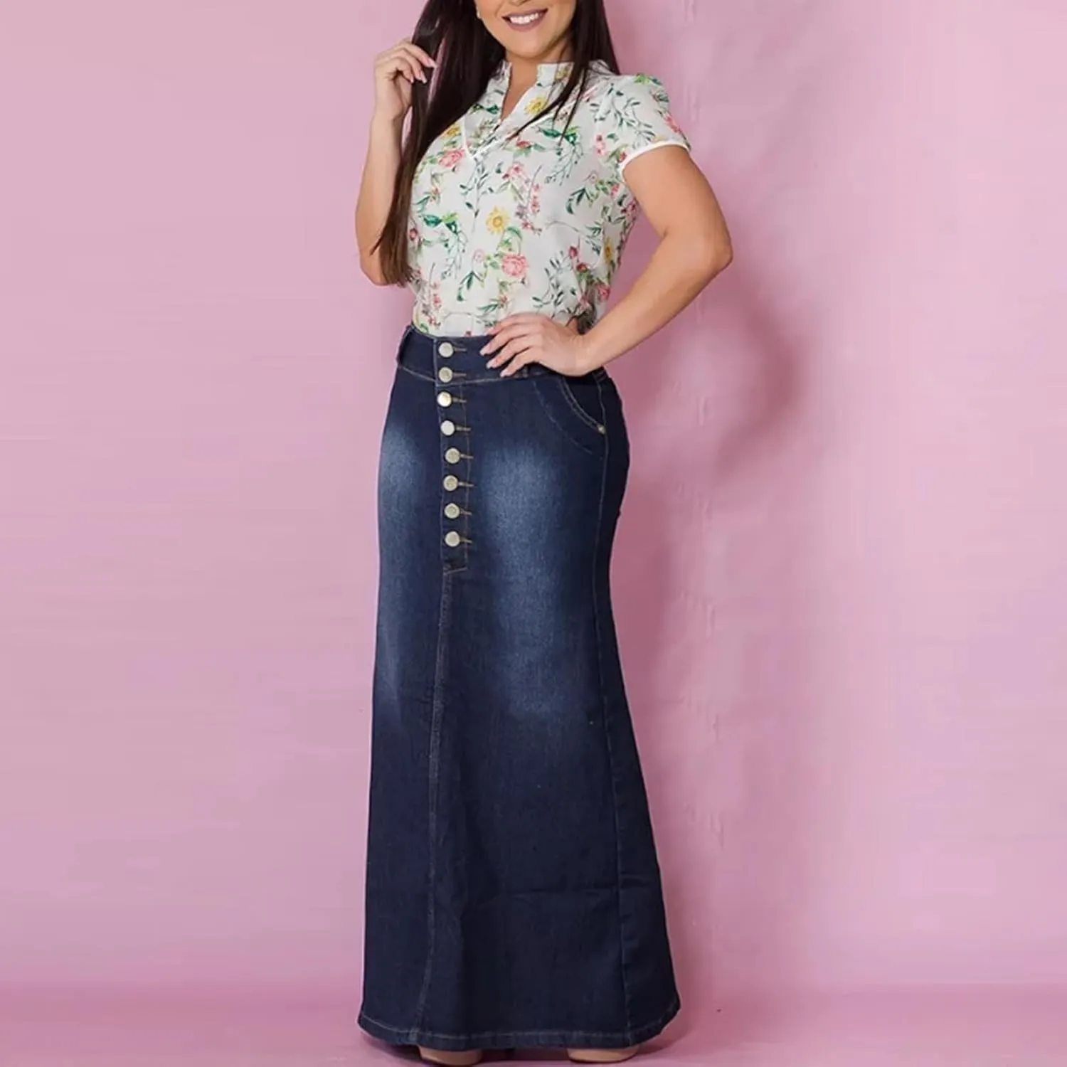 Womens Sexy Bodycon Denim Skirt Button High Waist Dressy Pencil Skirts Vintage Ankle Length Stretch Jean Skirt