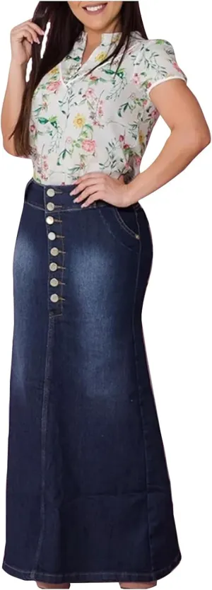 Womens Sexy Bodycon Denim Skirt Button High Waist Dressy Pencil Skirts Vintage Ankle Length Stretch Jean Skirt