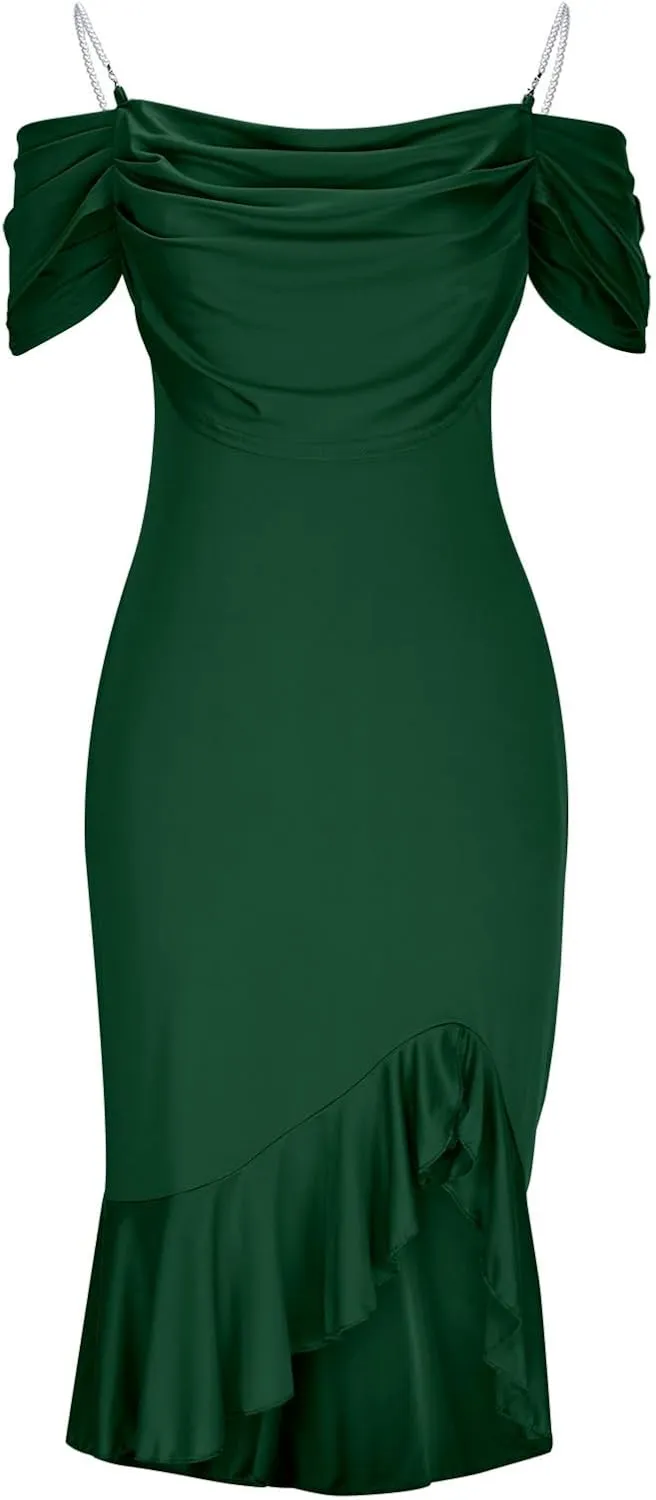 Womens Sexy Evening Party Bodycon Dress Off The Shoulder Pearls Strap Slit Midi Dress Ruffle Hem Cocktail Dresses