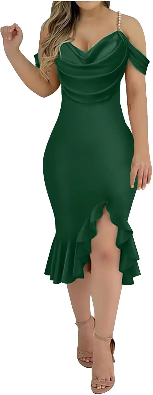 Womens Sexy Evening Party Bodycon Dress Off The Shoulder Pearls Strap Slit Midi Dress Ruffle Hem Cocktail Dresses