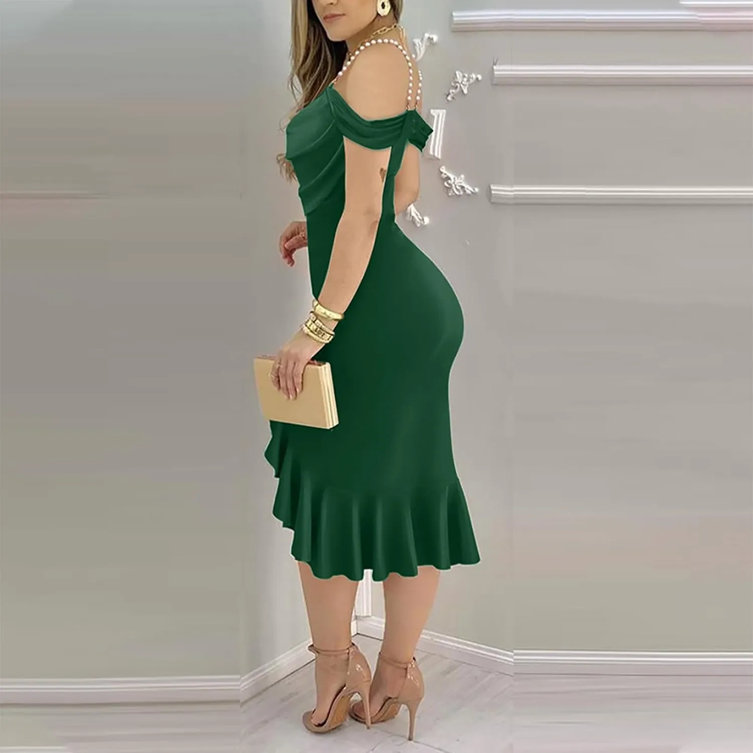 Womens Sexy Evening Party Bodycon Dress Off The Shoulder Pearls Strap Slit Midi Dress Ruffle Hem Cocktail Dresses