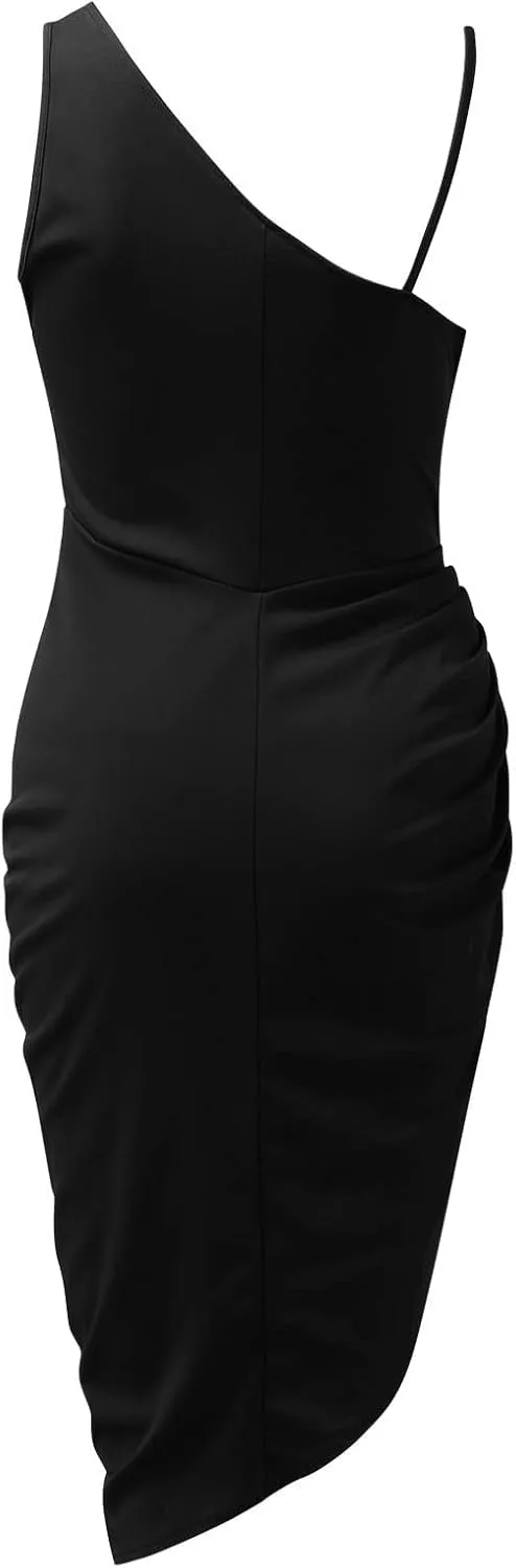 Women's Sexy One Shoulder Ruched Split Dress Sleeveless Sparkly Sequin Party Dress for Wedding Cocktail