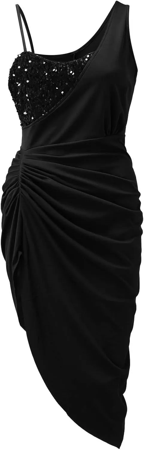 Women's Sexy One Shoulder Ruched Split Dress Sleeveless Sparkly Sequin Party Dress for Wedding Cocktail
