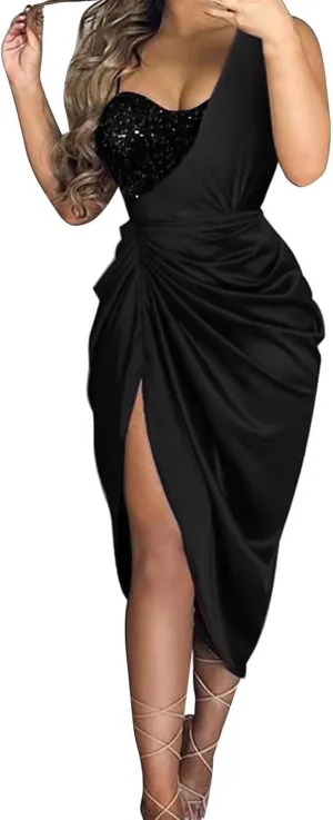 Women's Sexy One Shoulder Ruched Split Dress Sleeveless Sparkly Sequin Party Dress for Wedding Cocktail