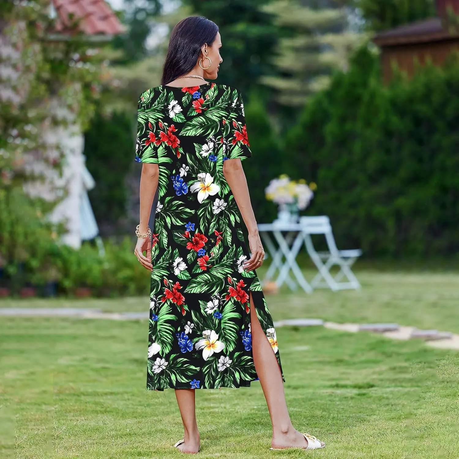 Women's Short Sleeve Boho Long Maxi Dresses Causal Vacation Floral Swing Dress Side Slits Beach Sundress with Pockets