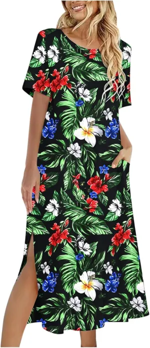 Women's Short Sleeve Boho Long Maxi Dresses Causal Vacation Floral Swing Dress Side Slits Beach Sundress with Pockets