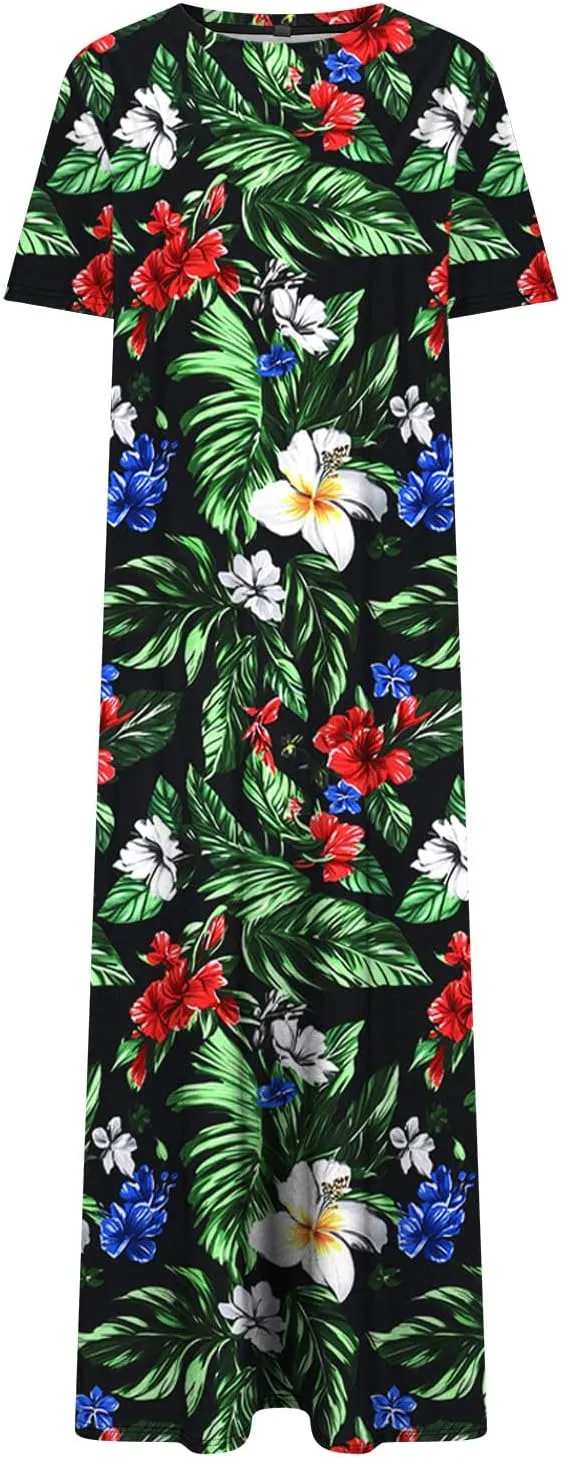 Women's Short Sleeve Boho Long Maxi Dresses Causal Vacation Floral Swing Dress Side Slits Beach Sundress with Pockets